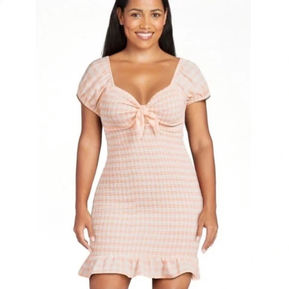 Madden NYC Peachy Orange Gingham Smocked Cut Out Tie Dress